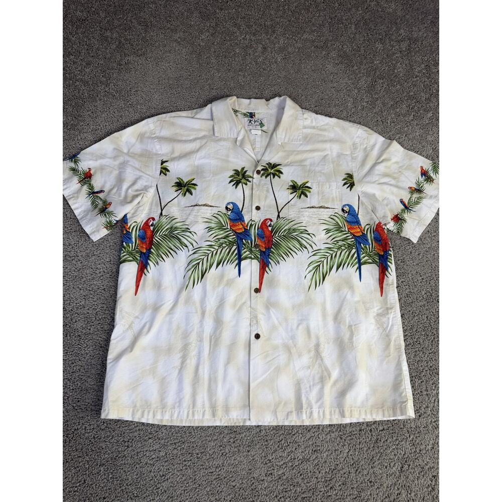KY'S Shirt Mens 2XL White Hawaiian Parrot Tropical Cotton Short Sleeve Button Up